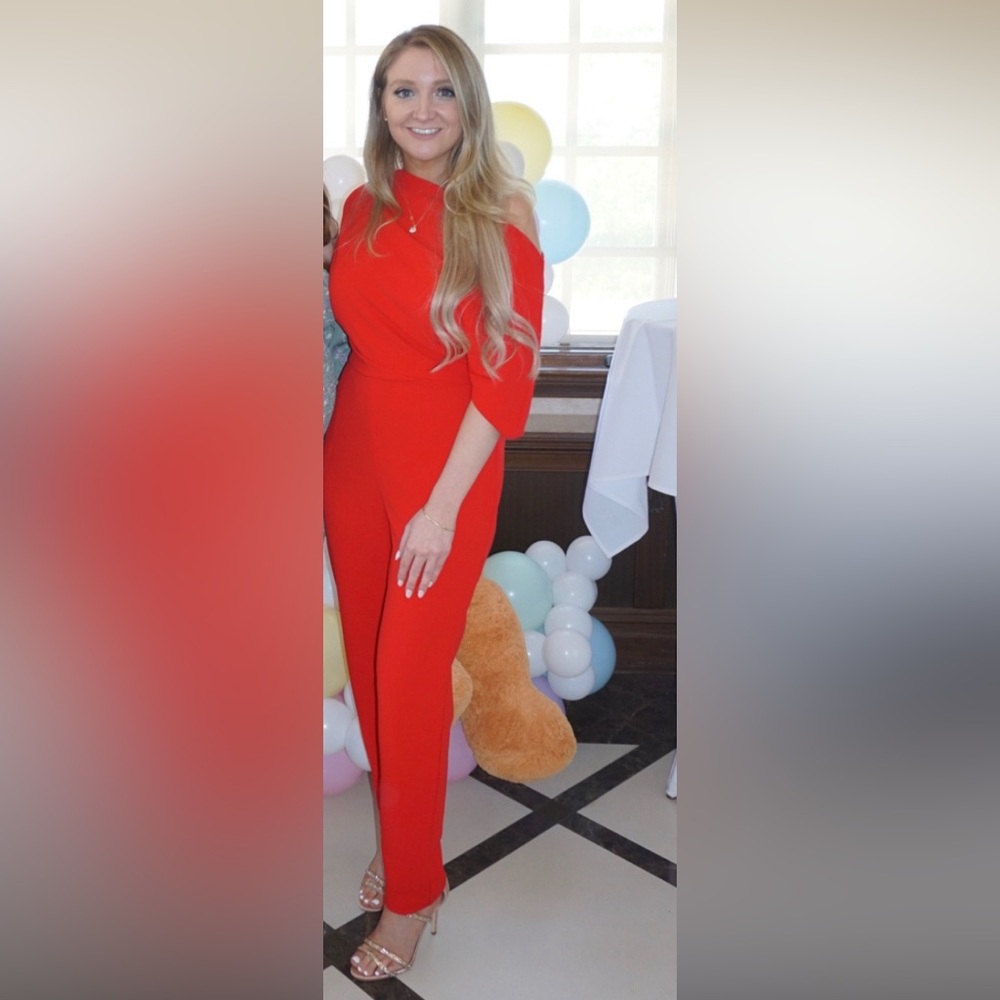 Draped Shoulder Red Jumpsuit